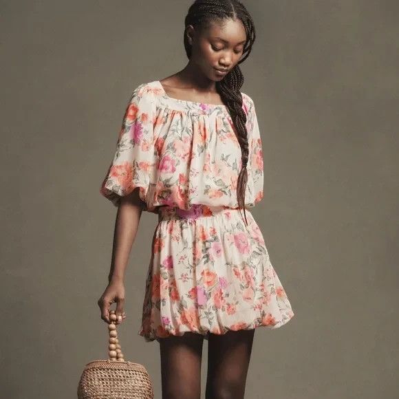 ANTHROPOLOGIE Babydoll Balloon Top Women Medium Floral Chiffon Square Neck Crop - Picture 1 of 12